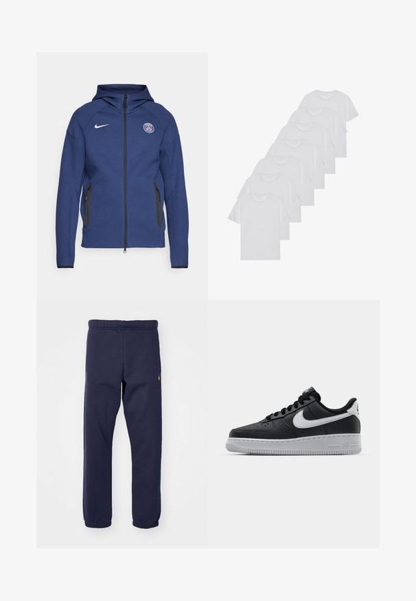 Sudadera con capucha de color azul marino hecha de tela suave, con cierre completo, bolsillos laterales y un parche con logo. Tiene un diseño estructurado con capucha.; Camisetas de algodón blancas, de manga corta, con diseño de cuello redondo, textura lisa, apiladas en una fila, con un sutil logo en el cuello.; Pantalones de chándal azul marino con cinturilla elástica, puños acanalados y un pequeño detalle de logo en el lado izquierdo. Están hechos de una tela suave y elástica.; Zapatilla negra de cuero con superficie texturizada, logo de Nike en blanco, suela gris, puntera redonda y diseño de encaje. Presenta perforaciones en la puntera.