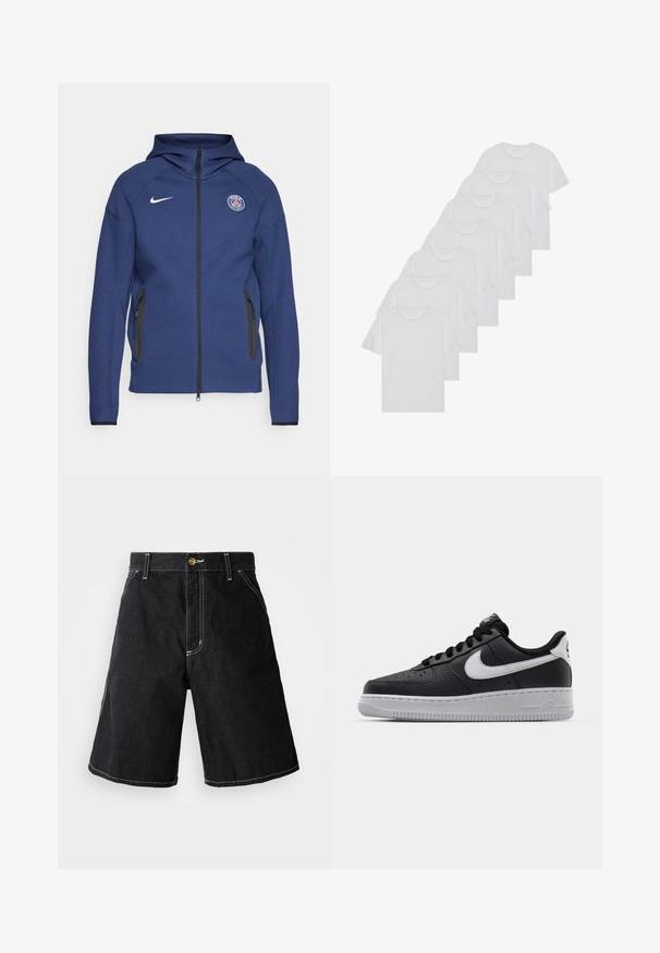 Hoodie bleu marine en tissu doux doté d'une fermeture éclair complète, de poches latérales et d'un patch logo. Il présente un design structuré avec une capuche.; T-shirts en coton blanc, à manches courtes, design col rond, texture uniforme, empilés en rangée, avec un logo subtil au niveau de l'encolure.; Shorts en denim noir avec une coupe ample, cinq poches et des coutures blanches contrastantes. Fermeture par bouton à la taille.; Baskets en cuir noir avec surface texturée, swoosh Nike blanc, semelle grise, bout rond et design à lacets. Comprend des perforations sur la boîte à orteils.