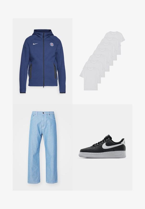 Tummansininen huppari, joka on valmistettu pehmeästä kankaasta ja jossa on täysipitkä vetoketju, sivutaskut ja logopatch. Siinä on rakenteellinen muotoilu huppua varten.; Valkoiset puuvillapaidat, lyhyet hihat, pyöreä kaula-aukko, yksinkertainen pinta, pinottuina riviin, jossa on hienoinen brändäys kaula-aukossa.; Vaaleansiniset farkut, joissa on pystysuora raitakuosi, suora lahkeensuula, napitus ja valkoinen tikkaus.; Musta nahkakengät, joissa on teksturoitu pinta, valkoinen Nike -logo, harmaa pohja, pyöreä kärki ja nauhakiinnitys. Varustettu rei'illä kärkilaatikossa.
