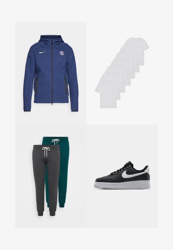 Granatowa bluza z kapturem uszyta z miękkiego materiału, z pełnym zamkiem błyskawicznym, bocznymi kieszeniami oraz naszywką z logo. Posiada strukturalny fason i kaptur.; Białe bawełniane koszulki, krótki rękaw, design z okrągłym dekoltem, gładka faktura, ułożone w rzędzie, z subtelnym logo przy dekolcie.; Dwie pary spodni dresowych w kolorze grafitowym i tealu, wykonane z miękkiego materiału, z elastycznymi mankietami i wiązaniem w pasie z białymi sznurkami.; Czarne skórzane trampki o teksturowanej powierzchni, białe logo Nike, szara podeszwa, okrągły czubek i sznurowany design. Posiada perforacje na nosku.
