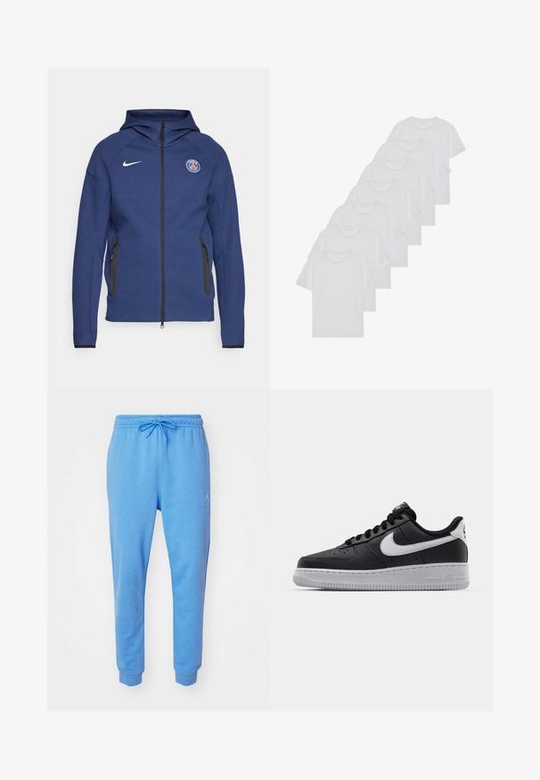 Marineblaue Kapuzenjacke aus weichem Stoff mit durchgehendem Reißverschluss, Seitentaschen und einem Logo-Patch. Sie hat ein strukturiertes Design mit einer Kapuze.; Weiße Baumwoll-T-Shirts, kurze Ärmel, Rundhals-Design, schlichte Textur, in einer Reihe gestapelt, mit dezentem Branding am Hals.; Helleblaue Sweatpants aus einem weichen Baumwollmix. Mit elastischem Bund und Kordelzug sowie Bündchen an den Knöcheln. Gesticktes Logo an der Seite.; Schwarze Ledersneaker mit strukturierten Oberflächen, weißem Nike-Swoosh, grauer Sohle, runder Zehenpartie und Schnürdesign. Verfügt über Perforationen an der Zehenbox.