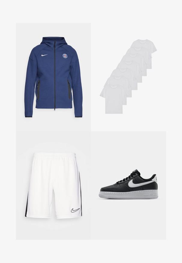 Mornarsko modra kapuca iz mehkega materiala z dolgim zadrgo, stranskimi žepi in logotipom. Ima strukturirano zasnovo s kapuco.; Beli bombažni T-majici, kratki rokavi, krožni izrez, enostavna tekstura, zloženi v vrsto, s subtilnim logotipom na vratu.; Bela Nike športna kratka hlače z elastičnim pasom; vsebujejo črne stranske črte in črn vezen logo na spodnji desni strani.; Črne usnjene teniske z teksturirano površino, bele Nikejeve zmage, sivo podplato, okroglo konico in vezalno zasnovo. Imajo perforacije na prednjem delu.