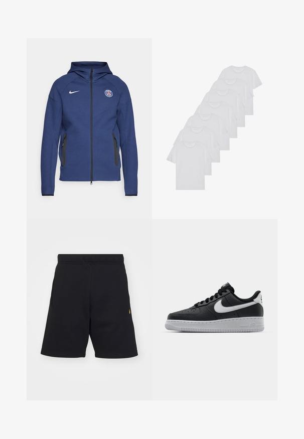Marineblaue Kapuzenjacke aus weichem Stoff mit durchgehendem Reißverschluss, Seitentaschen und einem Logo-Patch. Sie hat ein strukturiertes Design mit einer Kapuze.; Weiße Baumwoll-T-Shirts, kurze Ärmel, Rundhals-Design, schlichte Textur, in einer Reihe gestapelt, mit dezentem Branding am Hals.; Schwarze Shorts aus weichem Stoff mit einem elastischen Bund, seitlichen Taschen und einem kleinen goldenen Logo-Akzent auf der unteren linken Seite.; Schwarze Ledersneaker mit strukturierten Oberflächen, weißem Nike-Swoosh, grauer Sohle, runder Zehenpartie und Schnürdesign. Verfügt über Perforationen an der Zehenbox.