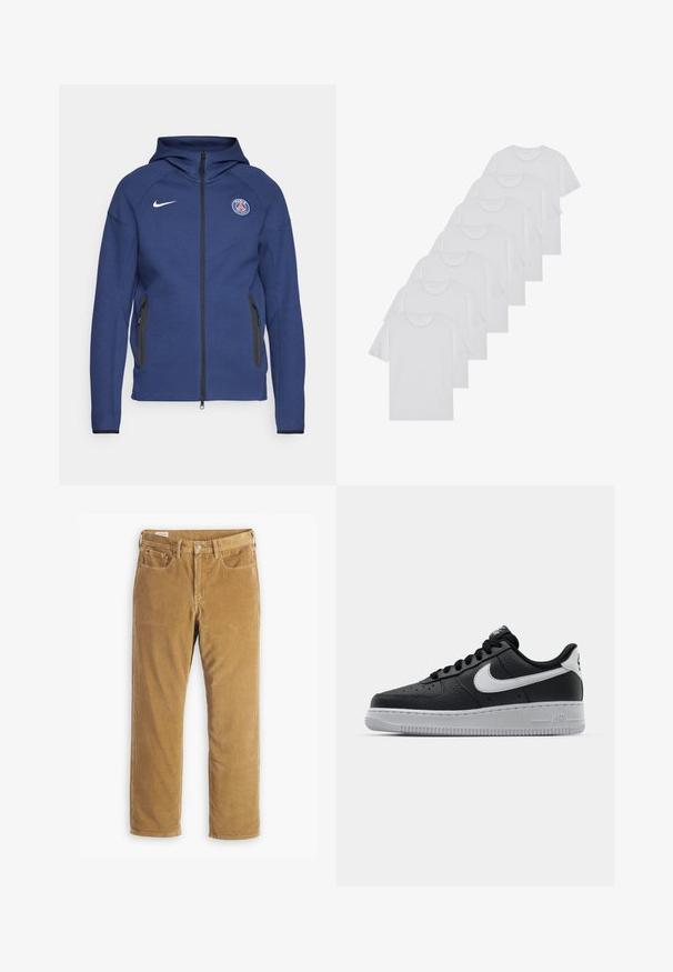 Sweatshirt azul marinho feito de tecido suave, apresentando um fecho completo, bolsos laterais e um patch com logotipo. Tem um design estruturado com capuz.; T-shirts brancos de algodão, mangas curtas, design de gola redonda, com textura lisa, empilhados em fila, com uma marcação subtil na gola.; Levi's® 568® LOOSE STRAIGHT - Calças de ganga folgadas - ermine; Sapatilha de pele preta com superfície texturizada, swoosh branco da Nike, sola cinza, bico redondo e design com atacadores. Apresenta perfurações na caixa dos dedos.