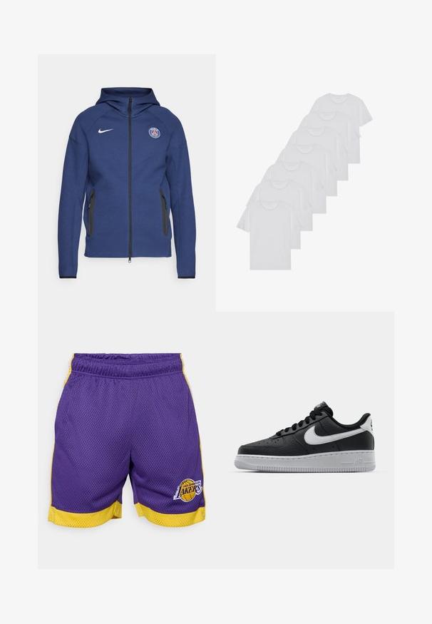 Sweatshirt azul marinho feito de tecido suave, apresentando um fecho completo, bolsos laterais e um patch com logotipo. Tem um design estruturado com capuz.; T-shirts brancos de algodão, mangas curtas, design de gola redonda, com textura lisa, empilhados em fila, com uma marcação subtil na gola.; Calças de basquetebol de rede roxas com acabamentos amarelos e detalhes laterais, apresentando um logótipo bordado dos Los Angeles Lakers na parte da frente.; Sapatilha de pele preta com superfície texturizada, swoosh branco da Nike, sola cinza, bico redondo e design com atacadores. Apresenta perfurações na caixa dos dedos.