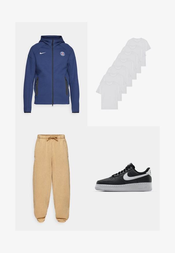 Tummansininen huppari, joka on valmistettu pehmeästä kankaasta ja jossa on täysipitkä vetoketju, sivutaskut ja logopatch. Siinä on rakenteellinen muotoilu huppua varten.; Valkoiset puuvillapaidat, lyhyet hihat, pyöreä kaula-aukko, yksinkertainen pinta, pinottuina riviin, jossa on hienoinen brändäys kaula-aukossa.; Valkoiset jogger-housut, jotka on valmistettu pehmeästä kankaasta, joissa on joustava vyötärönyöri, sivutaskut ja kapenevat hihansuut.; Musta nahkakengät, joissa on teksturoitu pinta, valkoinen Nike -logo, harmaa pohja, pyöreä kärki ja nauhakiinnitys. Varustettu rei'illä kärkilaatikossa.