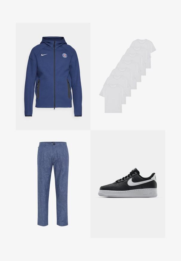 Marinblå hoodie gjord av mjukt tyg med en hel dragkedja, sidofickor och en logotyp patch. Den har en strukturerad design med en huva.; Vita bomull T-shirts, korta ärmar, rundad halsdesign, slät textur, staplade i en rad, med subtil branding vid halsringningen.; Blå chambraybyxor med avslappnad passform, som har en framfåra, sidofickor och en enkel knappknäppning i midjan.; Svart lädersneaker med strukturerad yta, vit Nike-swoosh, grå sula, rund tå och snörningsdesign. Har perforeringar på tåboxen.