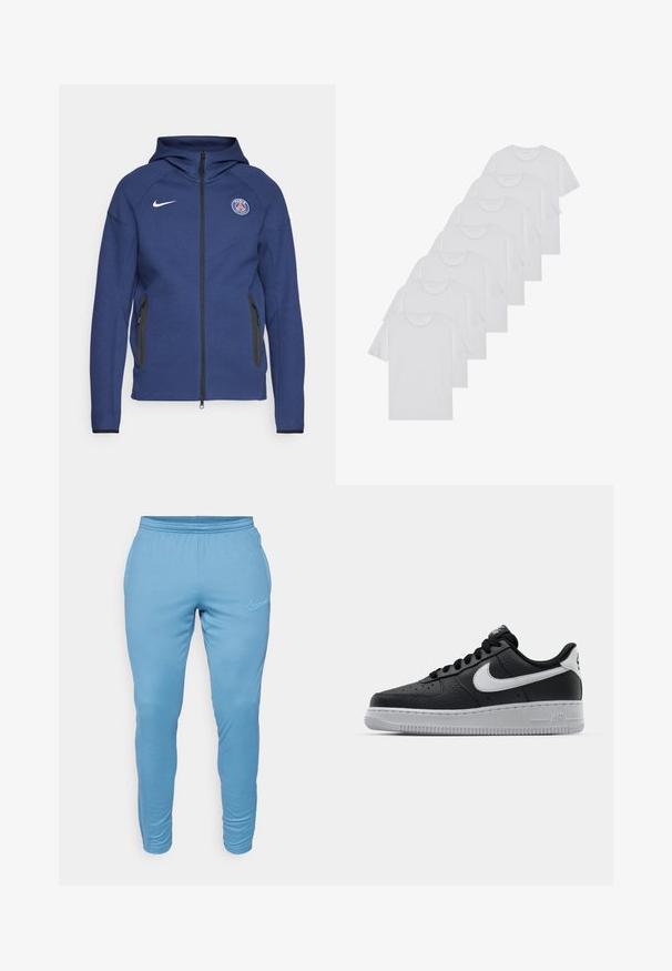 Tummansininen huppari, joka on valmistettu pehmeästä kankaasta ja jossa on täysipitkä vetoketju, sivutaskut ja logopatch. Siinä on rakenteellinen muotoilu huppua varten.; Valkoiset puuvillapaidat, lyhyet hihat, pyöreä kaula-aukko, yksinkertainen pinta, pinottuina riviin, jossa on hienoinen brändäys kaula-aukossa.; Vaaleansiniset Nike-housut elastisella vyötäröbandilla, slim fit -malli ja tuotemerkin logo vasemman lantion lähellä. Sujuva kangas ilman näkyviä kuvioita.; Musta nahkakengät, joissa on teksturoitu pinta, valkoinen Nike -logo, harmaa pohja, pyöreä kärki ja nauhakiinnitys. Varustettu rei'illä kärkilaatikossa.