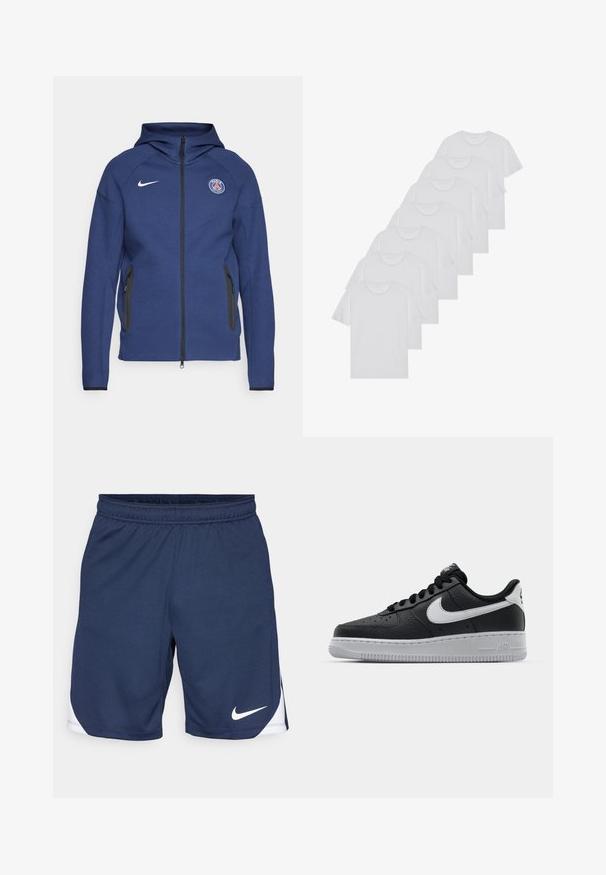 Marineblaue Kapuzenjacke aus weichem Stoff mit durchgehendem Reißverschluss, Seitentaschen und einem Logo-Patch. Sie hat ein strukturiertes Design mit einer Kapuze.; Weiße Baumwoll-T-Shirts, kurze Ärmel, Rundhals-Design, schlichte Textur, in einer Reihe gestapelt, mit dezentem Branding am Hals.; Marineblaue Sportshorts aus strukturiertem Stoff mit einem elastischen Bund und einem weißen Nike-Logo am Saum.; Schwarze Ledersneaker mit strukturierten Oberflächen, weißem Nike-Swoosh, grauer Sohle, runder Zehenpartie und Schnürdesign. Verfügt über Perforationen an der Zehenbox.