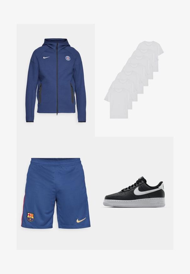 Granatowa bluza z kapturem uszyta z miękkiego materiału, z pełnym zamkiem błyskawicznym, bocznymi kieszeniami oraz naszywką z logo. Posiada strukturalny fason i kaptur.; Białe bawełniane koszulki, krótki rękaw, design z okrągłym dekoltem, gładka faktura, ułożone w rzędzie, z subtelnym logo przy dekolcie.; Niebieskie szorty Nike z teksturowanej tkaniny, elastycznym paskiem w talii i czerwonymi akcentami po bokach. Zawierają logo FC Barcelony oraz złoty szelek Nike.; Czarne skórzane trampki o teksturowanej powierzchni, białe logo Nike, szara podeszwa, okrągły czubek i sznurowany design. Posiada perforacje na nosku.