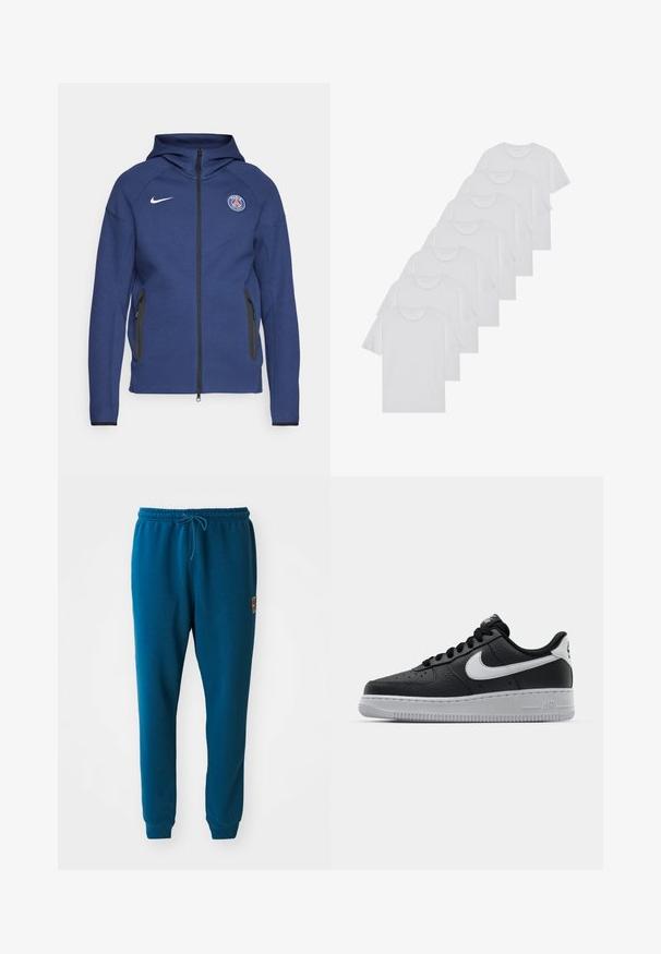 Mørkeblå hettegenser laget av mykt stoff med full glidelås, sidelommer og et logo-patch. Den har et strukturert design med hette.; Hvite bomulls T-skjorter, korte ermer, rund hals-design, enkel tekstur, stablet i en rekke, med subtil merking ved halsen.; Teal joggebukser laget av myk stoff, med elastisk midjebånd med snøring, og elastiske mansjetter ved anklene. Liten logo-detalj.; Svart lær sneakers med teksturert overflate, hvit Nike swoosh, grå såle, rund tå og snøredesign. Har perforeringer på tåboksen.