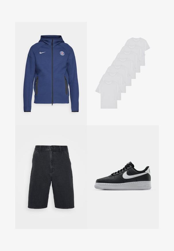 Sudadera con capucha de color azul marino hecha de tela suave, con cierre completo, bolsillos laterales y un parche con logo. Tiene un diseño estructurado con capucha.; Camisetas de algodón blancas, de manga corta, con diseño de cuello redondo, textura lisa, apiladas en una fila, con un sutil logo en el cuello.; Pantalones cortos de mezclilla negra con corte recto, con cierre de botón y dos bolsillos laterales. Dobladillo incompleto con detalles sutiles de desgastado.; Zapatilla negra de cuero con superficie texturizada, logo de Nike en blanco, suela gris, puntera redonda y diseño de encaje. Presenta perforaciones en la puntera.