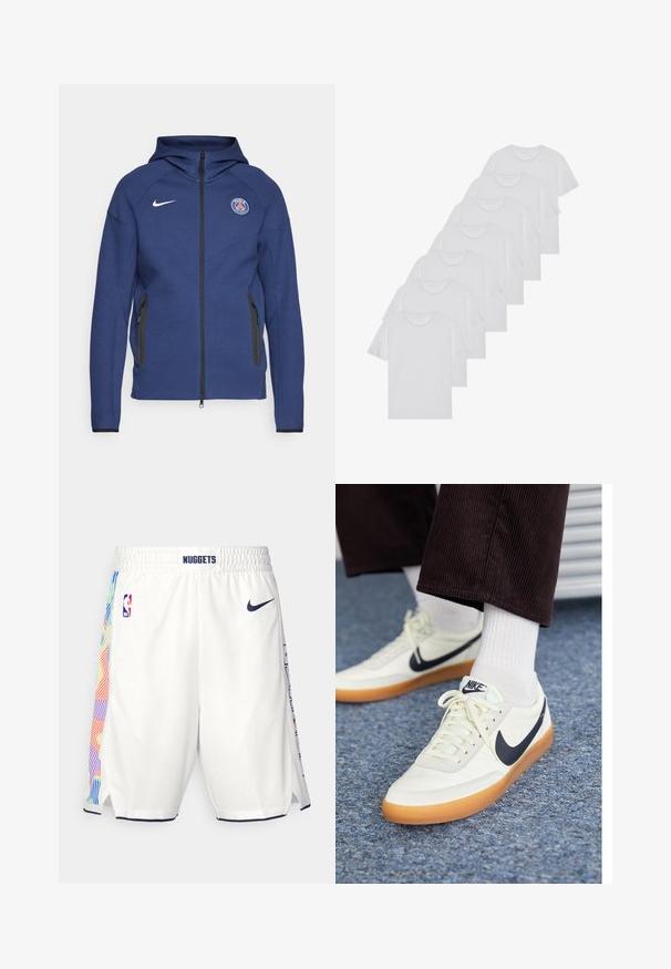 Tummansininen huppari, joka on valmistettu pehmeästä kankaasta ja jossa on täysipitkä vetoketju, sivutaskut ja logopatch. Siinä on rakenteellinen muotoilu huppua varten.; Valkoiset puuvillapaidat, lyhyet hihat, pyöreä kaula-aukko, yksinkertainen pinta, pinottuina riviin, jossa on hienoinen brändäys kaula-aukossa.; Nike Performance NBA DENVER NUGGETS SHORTS - Joukkuetuote - white/college navy; Nike-tennarit valkoisesta nahasta, sinisellä swoosh-logolla, varustettuna kumipohjalla ja valkoisilla nauhoilla, yhdistettynä valkoisiin pituusvartisiin sukkiin ja tummiin cord pantseihin.