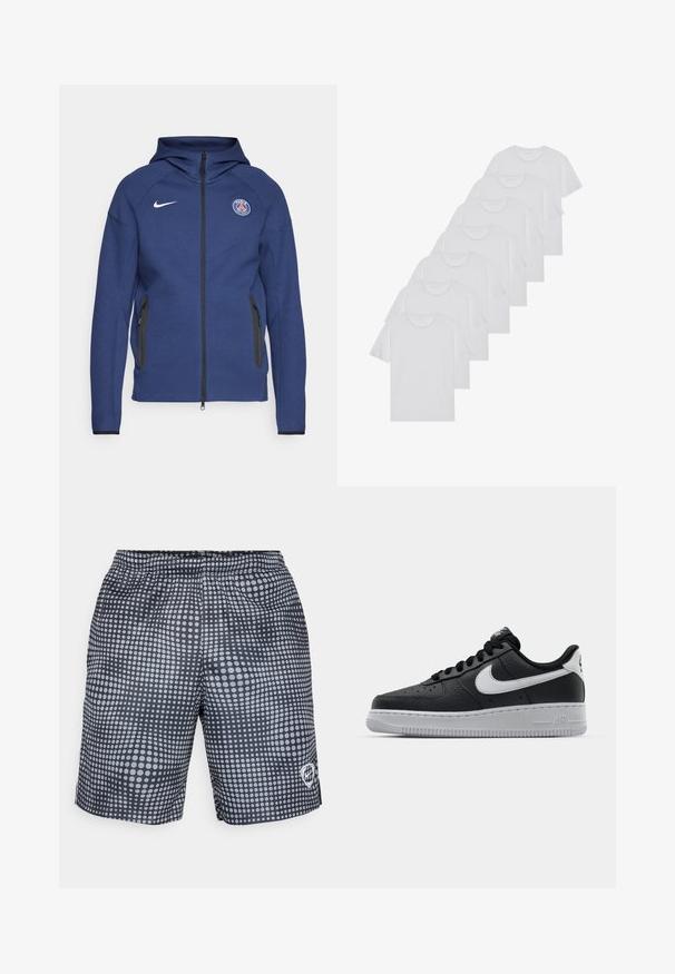 Navy blue hoodie made of soft fabric featuring a full zipper, side pockets, and a logo patch. It has a structured design with a hood.; White cotton T-shirts, short sleeves, crew neck design, plain texture, stacked in a row, with subtle branding at the neckline.; Black swim shorts with a pattern of white circular dots, elastic waistband, and logo on the lower right side. Lightweight fabric.; Black leather sneaker with textured surface, white Nike swoosh, gray sole, round toe, and lace-up design. Features perforations on toe box.