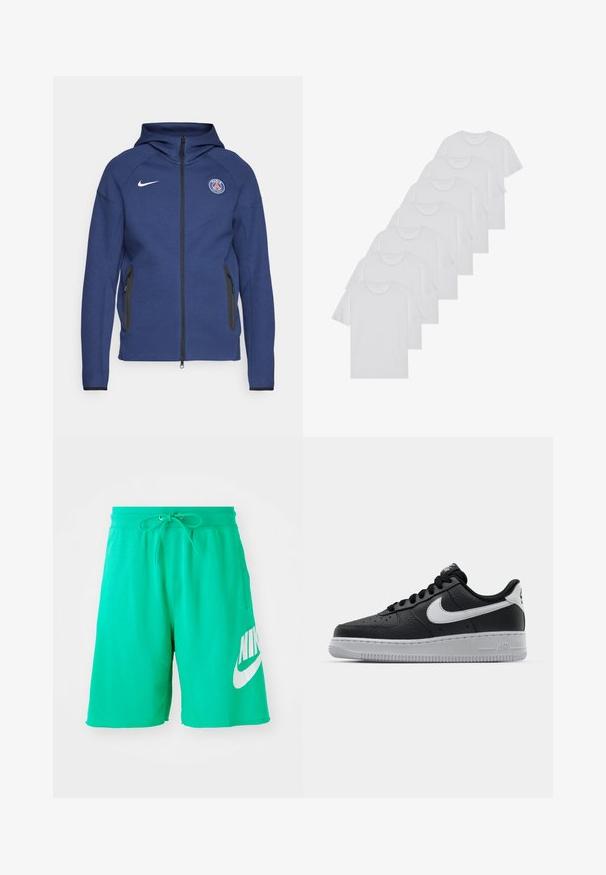 Tamsiai mėlyna džemperis su užtrauktuku, pagamintas iš minkštos medžiagos, su šoniniais kišeniais ir logotipo žyme. Jis turi struktūruotą dizainą su gobtuvu.; Baltos medvilninės marškinėliai, trumpomis rankovėmis, apvaliu kaklu, lygia tekstūra, sušluoti į eilę, su subtiliu prekės ženklu ant kaklo.; Žalios medvilninės šortai su raišteliu juosmenyje, ant dešiniojo šlaunies turintys didelį baltą Nike logotipą ir lygią tekstūrą.; Juoda odinė sportinė avalynė su tekstūruota danga, balta Nike swoosh, pilkas padas, apvalus nosis ir raištelių užsegimas. Yra perforacijos ant nosies.