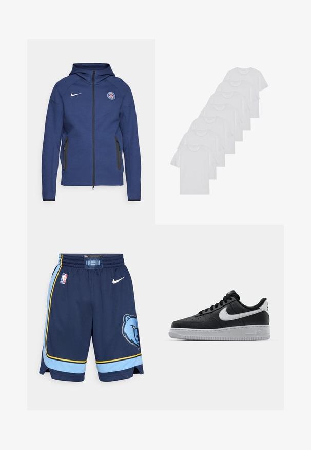 Mørkeblå hettegenser laget av mykt stoff med full glidelås, sidelommer og et logo-patch. Den har et strukturert design med hette.; Hvite bomulls T-skjorter, korte ermer, rund hals-design, enkel tekstur, stablet i en rekke, med subtil merking ved halsen.; NBA basketballshorts i marineblå og lyseblå. Har et bjørnelogo, sidestriper og Nike-merke. Laget av pustende mesh-stoff.; Svart lær sneakers med teksturert overflate, hvit Nike swoosh, grå såle, rund tå og snøredesign. Har perforeringer på tåboksen.