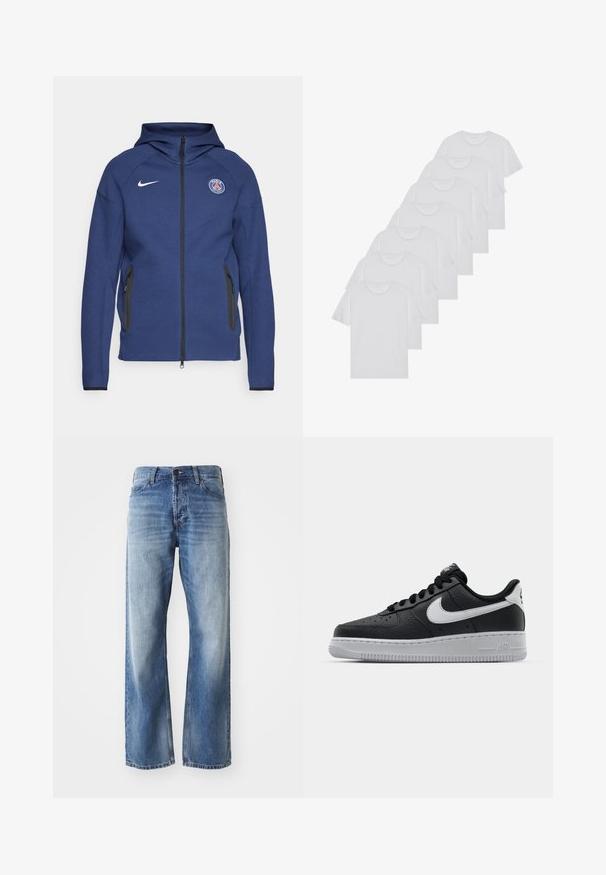 Námořnický modrý mikina s kapucí z měkké tkaniny, která má plný zip, boční kapsy a logo nášivku. Má strukturovaný design s kapucí.; Biele bavlnené trička, krátke rukávy, dizajn s okrúhlym výstrihom, hladká textúra, naskladané v rade, so subtilným brandingom na výstrihu.; Modré džíny s rovnými nohavicami a miernym vyblednutím na stehnách a kolenách, s piatimi vreckami a zapínaním na gombík.; Čierne kožené tenisky s textúrovaným povrchom, biely Nike swoosh, šedá podrážka, okrúle špičky a šnurovací dizajn. Obsahuje perforácie na špičke.