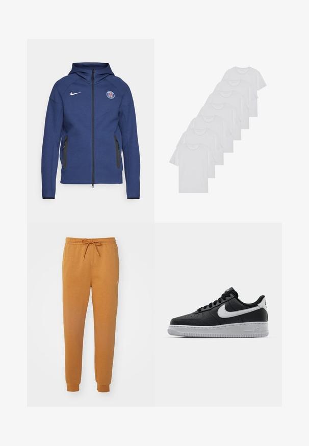 Námořnický modrý mikina s kapucí z měkké tkaniny, která má plný zip, boční kapsy a logo nášivku. Má strukturovaný design s kapucí.; Biele bavlnené trička, krátke rukávy, dizajn s okrúhlym výstrihom, hladká textúra, naskladané v rade, so subtilným brandingom na výstrihu.; Oranžové jogger nohavice vyrobené z jemnej tkaniny, s elastickým pásom na šnúrku a rebrovanými manžetami. Obsahuje malé logo.; Čierne kožené tenisky s textúrovaným povrchom, biely Nike swoosh, šedá podrážka, okrúle špičky a šnurovací dizajn. Obsahuje perforácie na špičke.