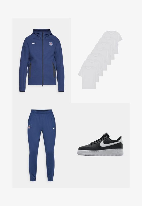 Námořnický modrý mikina s kapucí z měkké tkaniny, která má plný zip, boční kapsy a logo nášivku. Má strukturovaný design s kapucí.; Biele bavlnené trička, krátke rukávy, dizajn s okrúhlym výstrihom, hladká textúra, naskladané v rade, so subtilným brandingom na výstrihu.; Námornícke športové nohavice z hladkej látky, s elastickým pásom, bielym logom Nike a emblémom Paris Saint-Germain na stehne.; Čierne kožené tenisky s textúrovaným povrchom, biely Nike swoosh, šedá podrážka, okrúle špičky a šnurovací dizajn. Obsahuje perforácie na špičke.