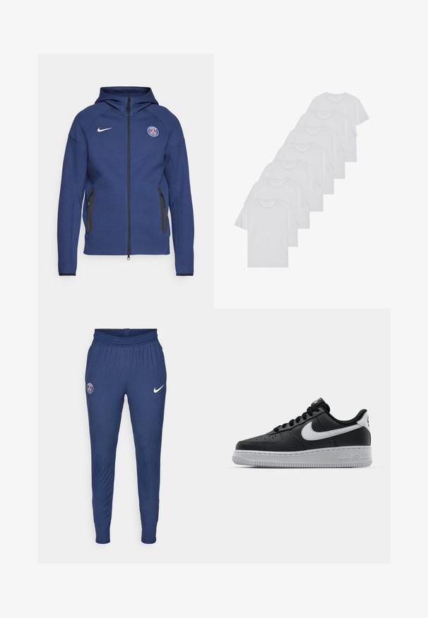 Jūras zila kapuce, kas izgatavota no mīkstas auduma, ar pilnu rāvējslēdzēju, sānu kabatām un logotipa uzšuvi. Tam ir strukturēts dizains ar kapuci.; Baltie kokvilnas T-krekli, īsas piedurknes, apaļas izgriezuma dizains, vienkārša tekstūra, sakrauti rindā, ar smalku zīmolu pie kakla izgriezuma.; Tumsājuma jūras zila sporta bikses, kas izgatavotas no strukturēta auduma, ar Parīzes logo uz kreisā augšstilba un baltu Nike swoosh uz labā.; Melna ādas sporta apavi ar teksturētu virsmu, balta Nike swoosh zīme, pelēks zole, apaļa pirksta daļa un saistējs dizains. Iekļautas perforācijas uz pirksta kastes.