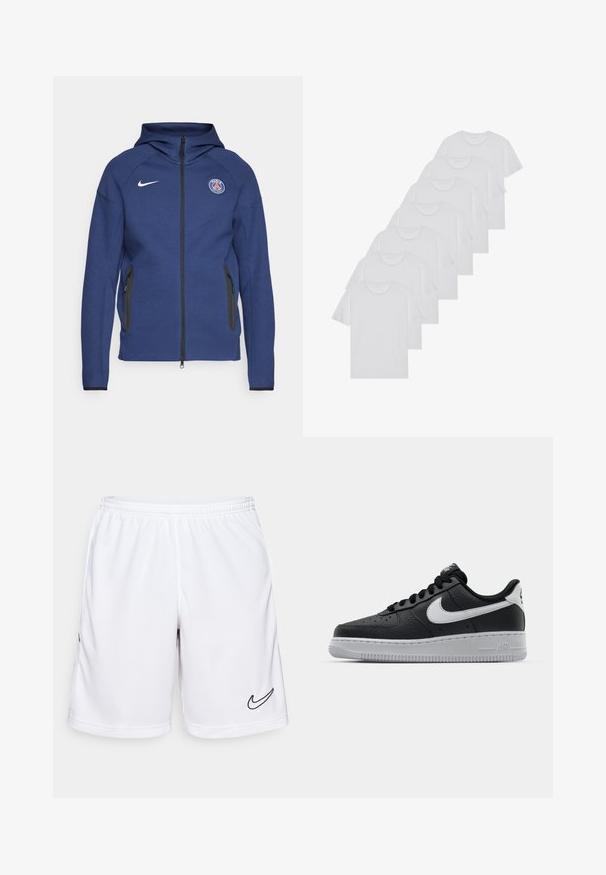 Merineel kapuutsiga pehme kangast dressipluus, millel on täielik tõmblukk, küljetaskud ja logopatch. Sellel on struktureeritud disain koos kapuutsiga.; Valge puuvillane T-särk, lühikeste varrukatega, ümar neel, ühtlane tekstuur, reastatud kuhjale, kaeluses peene brändinguga.; Valged spordilühikesed püksid, valmistatud niiskust eemal hoidvast kangast, elastse taljega ja musta Nike logo vasakul küljel.; Must musta sneaker tekstureeritud pinnaga, valge Nike logo, hall tald, ümar varv ja paeltega disain. Omab perforatsioone varbakasti peal.