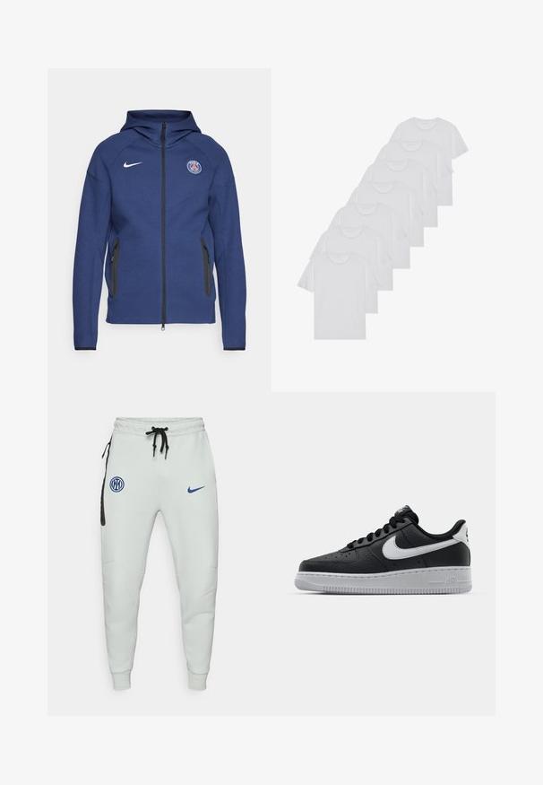 Marineblaue Kapuzenjacke aus weichem Stoff mit durchgehendem Reißverschluss, Seitentaschen und einem Logo-Patch. Sie hat ein strukturiertes Design mit einer Kapuze.; Weiße Baumwoll-T-Shirts, kurze Ärmel, Rundhals-Design, schlichte Textur, in einer Reihe gestapelt, mit dezentem Branding am Hals.; Helle graue Jogginghosen aus weichem Material, mit einer schwarzen Akzenttasche, blauen Logopatches, verstellbarem Kordelzugbund und eng anliegenden Bündchen.; Schwarze Ledersneaker mit strukturierten Oberflächen, weißem Nike-Swoosh, grauer Sohle, runder Zehenpartie und Schnürdesign. Verfügt über Perforationen an der Zehenbox.