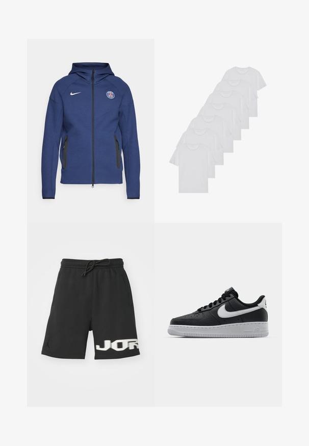 Felpa con cappuccio blu navy in morbido tessuto, dotata di zip a tutta lunghezza, tasche laterali e un'etichetta con logo. Ha un design strutturato con cappuccio.; T-shirt bianchi in cotone, maniche corte, design a collo tondo, texture liscia, impilati in fila, con un sottile marchio all'altezza del collo.; Jordan Pantaloni sportivi - black; Sneaker in pelle nera con superficie texture, baffo Nike bianco, suola grigia, punta rotonda e design con lacci. Presenta delle perforazioni sulla punta.