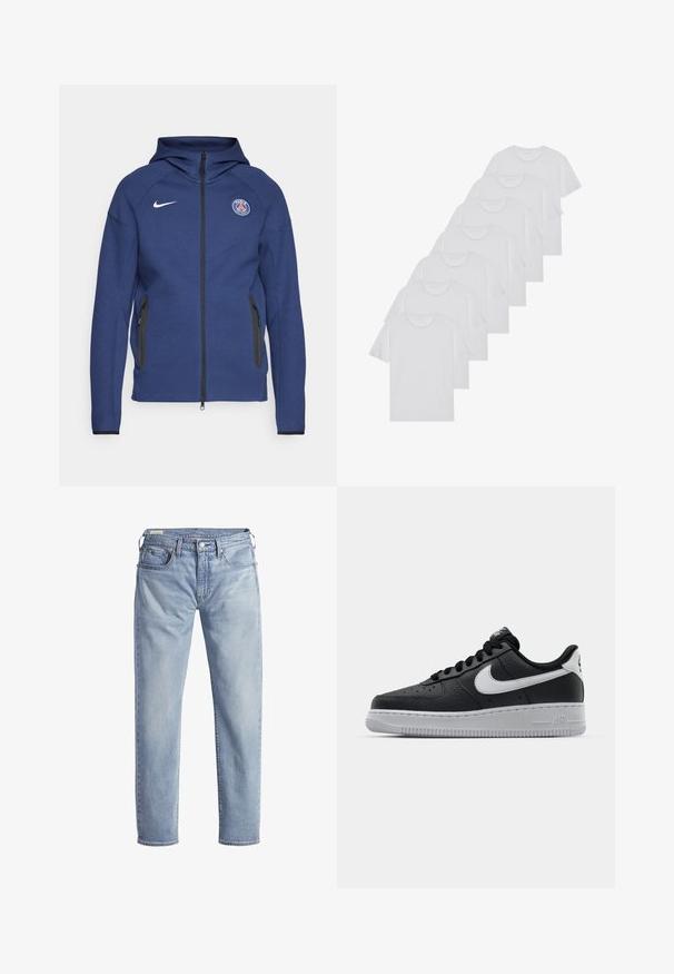 Sudadera con capucha de color azul marino hecha de tela suave, con cierre completo, bolsillos laterales y un parche con logo. Tiene un diseño estructurado con capucha.; Camisetas de algodón blancas, de manga corta, con diseño de cuello redondo, textura lisa, apiladas en una fila, con un sutil logo en el cuello.; Jeans de mezclilla azul claro con diseño de pierna recta, cinco bolsillos y una tapeta de botones. Presenta una textura desgastada y costuras en contraste.; Zapatilla negra de cuero con superficie texturizada, logo de Nike en blanco, suela gris, puntera redonda y diseño de encaje. Presenta perforaciones en la puntera.