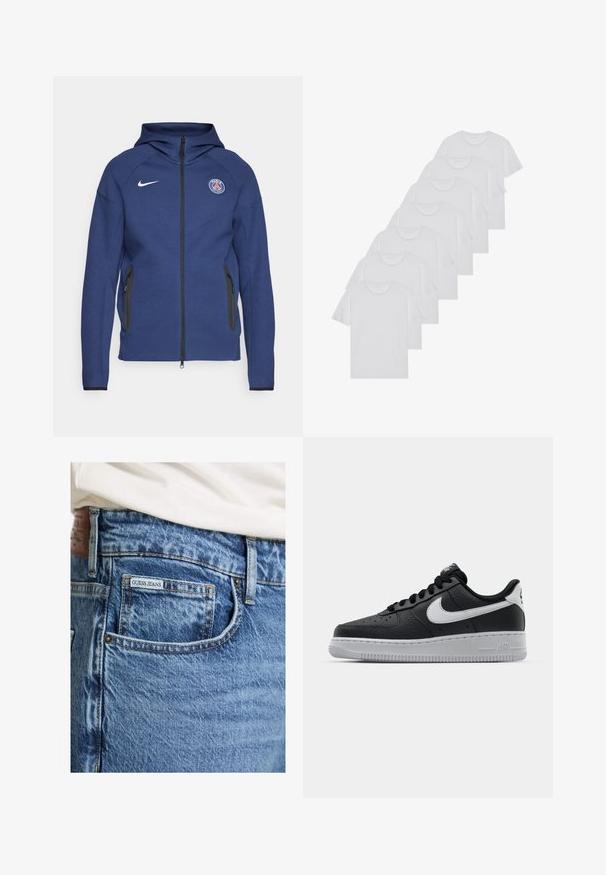 Felpa con cappuccio blu navy in morbido tessuto, dotata di zip a tutta lunghezza, tasche laterali e un'etichetta con logo. Ha un design strutturato con cappuccio.; T-shirt bianchi in cotone, maniche corte, design a collo tondo, texture liscia, impilati in fila, con un sottile marchio all'altezza del collo.; Jeans in denim blu sbiadito con una vista ravvicinata che mostra un'etichetta Guess Jeans sulla tasca posteriore e cuciture a contrasto lungo le cuciture.; Sneaker in pelle nera con superficie texture, baffo Nike bianco, suola grigia, punta rotonda e design con lacci. Presenta delle perforazioni sulla punta.