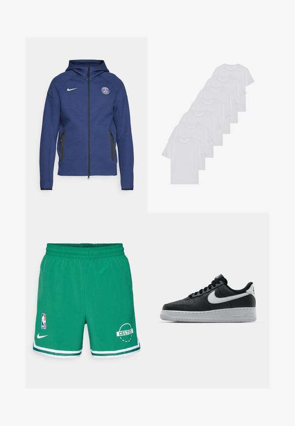 Tamsiai mėlyna džemperis su užtrauktuku, pagamintas iš minkštos medžiagos, su šoniniais kišeniais ir logotipo žyme. Jis turi struktūruotą dizainą su gobtuvu.; Baltos medvilninės marškinėliai, trumpomis rankovėmis, apvaliu kaklu, lygia tekstūra, sušluoti į eilę, su subtiliu prekės ženklu ant kaklo.; Žalios krepšinio šortai, pagaminti iš lengvos medžiagos. Su elastine juosta, baltais krašteliais, NBA logotipu ir "CELTICS" grafika.; Juoda odinė sportinė avalynė su tekstūruota danga, balta Nike swoosh, pilkas padas, apvalus nosis ir raištelių užsegimas. Yra perforacijos ant nosies.