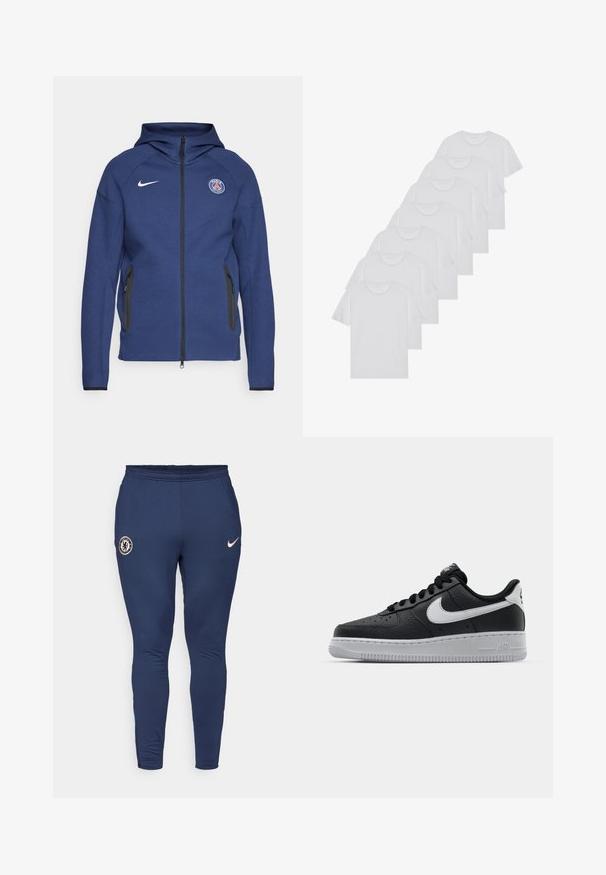 Marineblaue Kapuzenjacke aus weichem Stoff mit durchgehendem Reißverschluss, Seitentaschen und einem Logo-Patch. Sie hat ein strukturiertes Design mit einer Kapuze.; Weiße Baumwoll-T-Shirts, kurze Ärmel, Rundhals-Design, schlichte Textur, in einer Reihe gestapelt, mit dezentem Branding am Hals.; Navy Sportbundhosen mit taillierter Passform, hergestellt aus glattem Stoff. Enthält ein Chelsea FC-Logo und einen kleinen beigen Nike-Swoosh an der Seite.; Schwarze Ledersneaker mit strukturierten Oberflächen, weißem Nike-Swoosh, grauer Sohle, runder Zehenpartie und Schnürdesign. Verfügt über Perforationen an der Zehenbox.