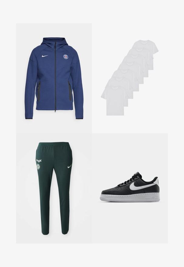 Hanorac bleumarin dintr-un material moale, cu fermoar pe întreaga lungime, buzunare laterale și o etichetă cu logo. Are un design structurat și glugă.; Tricouri din bumbac albe, cu mâneci scurte, design cu guler rotund, textură simplă, așezate într-un rând, cu o marcă subtilă la guler.; Pantaloni atletici verzi din material ribbed, cu logo-ul Nike, emblema Chelsea FC și brandul BingX pe partea stângă.; Sneaker din piele neagră, cu o suprafață texturată, swoosh alb de la Nike, talpă gri, bot rotund și sistem de șireturi. Prezintă perforații în zona vârfului.