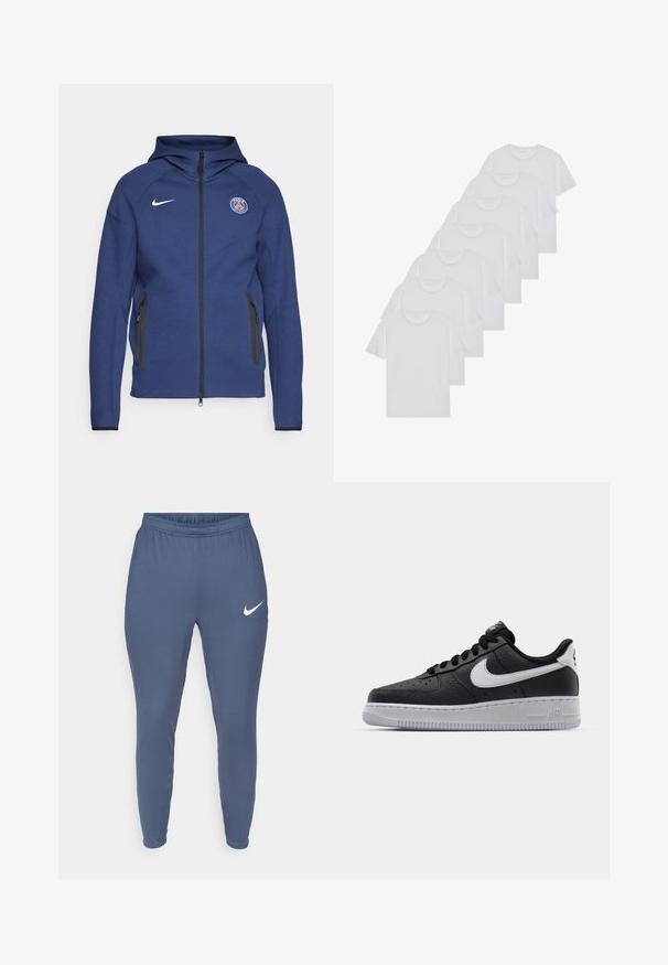 Námořnický modrý mikina s kapucí z měkké tkaniny, která má plný zip, boční kapsy a logo nášivku. Má strukturovaný design s kapucí.; Biele bavlnené trička, krátke rukávy, dizajn s okrúhlym výstrihom, hladká textúra, naskladané v rade, so subtilným brandingom na výstrihu.; Nike tepláky v tmavomodrej farbe s elastickým pásom, zúženými nohavicami a bielym logom na ľavom stehne. Mäkká, hladká textura.; Čierne kožené tenisky s textúrovaným povrchom, biely Nike swoosh, šedá podrážka, okrúle špičky a šnurovací dizajn. Obsahuje perforácie na špičke.