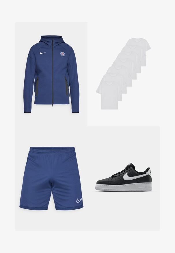 Tummansininen huppari, joka on valmistettu pehmeästä kankaasta ja jossa on täysipitkä vetoketju, sivutaskut ja logopatch. Siinä on rakenteellinen muotoilu huppua varten.; Valkoiset puuvillapaidat, lyhyet hihat, pyöreä kaula-aukko, yksinkertainen pinta, pinottuina riviin, jossa on hienoinen brändäys kaula-aukossa.; Siniset urheilushortsit, jotka on valmistettu kevyestä materiaalista. Niissä on joustava vyötärö ja valkoinen Nike-swoosh-logo alemmassa sivussa.; Musta nahkakengät, joissa on teksturoitu pinta, valkoinen Nike -logo, harmaa pohja, pyöreä kärki ja nauhakiinnitys. Varustettu rei'illä kärkilaatikossa.