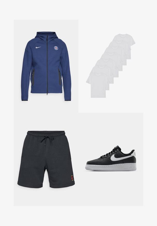 Tummansininen huppari, joka on valmistettu pehmeästä kankaasta ja jossa on täysipitkä vetoketju, sivutaskut ja logopatch. Siinä on rakenteellinen muotoilu huppua varten.; Valkoiset puuvillapaidat, lyhyet hihat, pyöreä kaula-aukko, yksinkertainen pinta, pinottuina riviin, jossa on hienoinen brändäys kaula-aukossa.; Tummanharmaat collegehousut, joissa on puuvillasekoitetta, joustovyötärö, jossa on nauha, sekä pieni värillinen logo alareunassa.; Musta nahkakengät, joissa on teksturoitu pinta, valkoinen Nike -logo, harmaa pohja, pyöreä kärki ja nauhakiinnitys. Varustettu rei'illä kärkilaatikossa.