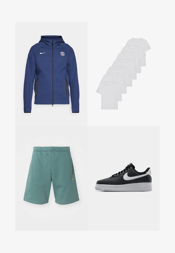 Hoodie bleu marine en tissu doux doté d'une fermeture éclair complète, de poches latérales et d'un patch logo. Il présente un design structuré avec une capuche.; T-shirts en coton blanc, à manches courtes, design col rond, texture uniforme, empilés en rangée, avec un logo subtil au niveau de l'encolure.; Shorts en mélange de coton de couleur bleu canard avec une taille élastique, des poches latérales et un petit logo doré en accent sur le bas de la jambe.; Baskets en cuir noir avec surface texturée, swoosh Nike blanc, semelle grise, bout rond et design à lacets. Comprend des perforations sur la boîte à orteils.