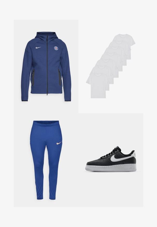 Sötétkék kapucnis pulóver puha anyagból, teljes cipzárral, oldalsó zsebekkel és logós folttal. Szerkezete formálisan kialakított, kapucnival rendelkezik.; Fehér pamut pólók, rövid ujjúak, kerek nyak kialakítással, sima textúrával, sorba rakva, diszkrét logóval a nyaknál.; Kék sportnadrág elasztikus derékkal. A bal alsó részen egy kis narancssárga Nike logó található. Simább, rugalmas anyag.; Fekete bőr edzőcipő mintás felülettel, fehér Nike logóval, szürke talppal, kerek orral és fűzős dizájnnal. Az orr részen perforációk találhatóak.