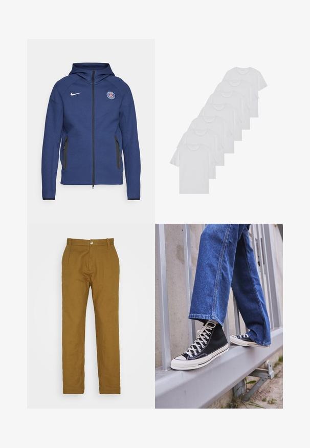 Mornarsko modra kapuca iz mehkega materiala z dolgim zadrgo, stranskimi žepi in logotipom. Ima strukturirano zasnovo s kapuco.; Beli bombažni T-majici, kratki rokavi, krožni izrez, enostavna tekstura, zloženi v vrsto, s subtilnim logotipom na vratu.; Esprit STRAIGHT PLEAT - Hlače - olive; Črne visoke teniske z belim podplatom in vezalkami, v kombinaciji z ohlapnimi modrimi džinsom, naslonjene na sivo ograjo.