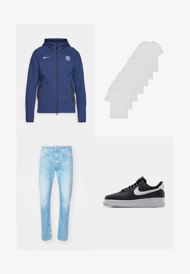 Tamno plava dukserica od mekanog materijala s punim patentnim zatvaračem, bočnim džepovima i oznakom logotipa. Ima strukturirani dizajn s kapuljačom.; Bijele pamučne majice, kratki rukavi, dizajn s okruglim izrezom, jednostavne teksture, složene u red, s suptilnim brendiranjem na izrezu.; Svijetloplave traperice ravnog kroja, sa dva prednja džepa i zatvaranjem na dugme. Izgledaju izblijedjelo s suptilnom teksturom.; Crne kožne tenisice s teksturiranom površinom, bijeli Nike znak, sivi potplat, okrugli vrh i vezanje. Sadrže perforacije na području prstiju.