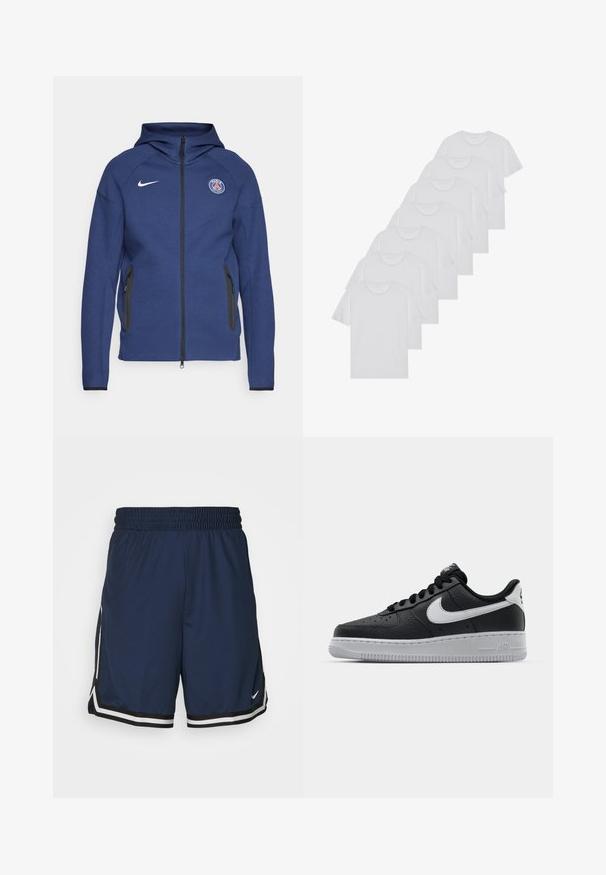 Merineel kapuutsiga pehme kangast dressipluus, millel on täielik tõmblukk, küljetaskud ja logopatch. Sellel on struktureeritud disain koos kapuutsiga.; Valge puuvillane T-särk, lühikeste varrukatega, ümar neel, ühtlane tekstuur, reastatud kuhjale, kaeluses peene brändinguga.; Lühikesed tumesinised spordilühikesed püksid elastse vöökohaga, millel on valged külgaktsendid ja must-valge triibuline ääreline. Valmistatud hingavast materjalist.; Must musta sneaker tekstureeritud pinnaga, valge Nike logo, hall tald, ümar varv ja paeltega disain. Omab perforatsioone varbakasti peal.