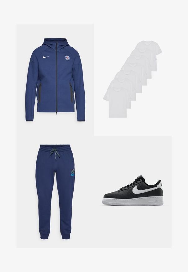 Sötétkék kapucnis pulóver puha anyagból, teljes cipzárral, oldalsó zsebekkel és logós folttal. Szerkezete formálisan kialakított, kapucnival rendelkezik.; Fehér pamut pólók, rövid ujjúak, kerek nyak kialakítással, sima textúrával, sorba rakva, diszkrét logóval a nyaknál.; Tengerészkék szabadidőnadrág puha pamut keverékből, rugalmas derékpánttal és húzózsinórral, valamint bordázott mandzsettákkal. Lotto logó a bal oldalon.; Fekete bőr edzőcipő mintás felülettel, fehér Nike logóval, szürke talppal, kerek orral és fűzős dizájnnal. Az orr részen perforációk találhatóak.