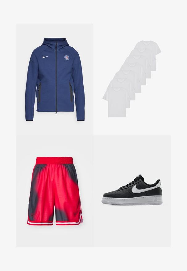 Sötétkék kapucnis pulóver puha anyagból, teljes cipzárral, oldalsó zsebekkel és logós folttal. Szerkezete formálisan kialakított, kapucnival rendelkezik.; Fehér pamut pólók, rövid ujjúak, kerek nyak kialakítással, sima textúrával, sorba rakva, diszkrét logóval a nyaknál.; Nike Performance NBA CHICAGO BULLS DNA SHORT - Klubruházat - university red/black; Fekete bőr edzőcipő mintás felülettel, fehér Nike logóval, szürke talppal, kerek orral és fűzős dizájnnal. Az orr részen perforációk találhatóak.