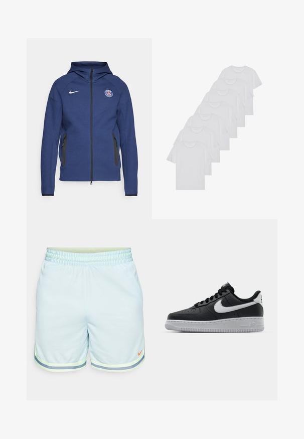 Tamsiai mėlyna džemperis su užtrauktuku, pagamintas iš minkštos medžiagos, su šoniniais kišeniais ir logotipo žyme. Jis turi struktūruotą dizainą su gobtuvu.; Baltos medvilninės marškinėliai, trumpomis rankovėmis, apvaliu kaklu, lygia tekstūra, sušluoti į eilę, su subtiliu prekės ženklu ant kaklo.; Nike Performance DNA SHORT - Sportiniai šortai - glacier blue/barely volt/bright mandarin; Juoda odinė sportinė avalynė su tekstūruota danga, balta Nike swoosh, pilkas padas, apvalus nosis ir raištelių užsegimas. Yra perforacijos ant nosies.