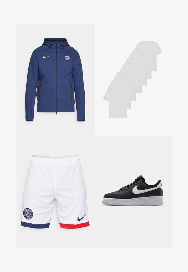Marineblauwe hoodie van zachte stof met een volledige rits, zijzakken en een logo-label. Het heeft een gestructureerd ontwerp met een capuchon.; Witte katoenen T-shirts, korte mouwen, ronde halsontwerp, eenvoudige textuur, gestapeld in een rij, met subtiele branding bij de hals.; Witte sportshorts van lichtgewicht stof, met een blauw en rood accent aan de zoom en een rond Paris Saint-Germain logo. Nike-logo in marineblauw.; Zwarte lederen sneaker met een textuur oppervlak, witte Nike swoosh, grijze zool, ronde neus en vetersluiting. Bevat perforaties op de neus.