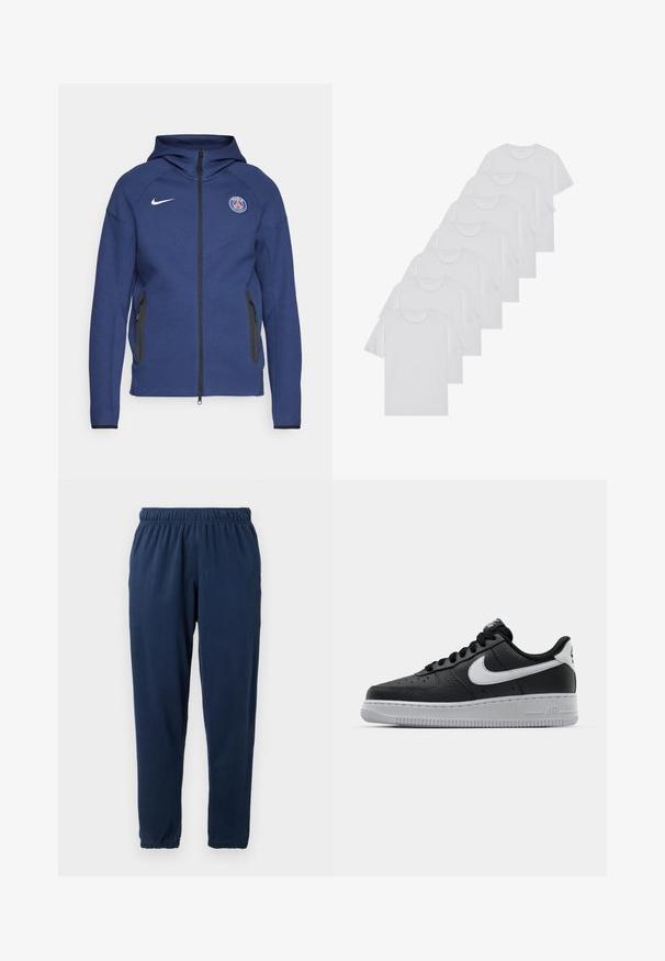 Marineblaue Kapuzenjacke aus weichem Stoff mit durchgehendem Reißverschluss, Seitentaschen und einem Logo-Patch. Sie hat ein strukturiertes Design mit einer Kapuze.; Weiße Baumwoll-T-Shirts, kurze Ärmel, Rundhals-Design, schlichte Textur, in einer Reihe gestapelt, mit dezentem Branding am Hals.; Marineblaue Sweatpants aus weichem Stoff, mit einem elastischen Bund und schmal zulaufenden Beinen mit elastischen Bündchen. Keine sichtbaren Muster oder Akzente.; Schwarze Ledersneaker mit strukturierten Oberflächen, weißem Nike-Swoosh, grauer Sohle, runder Zehenpartie und Schnürdesign. Verfügt über Perforationen an der Zehenbox.