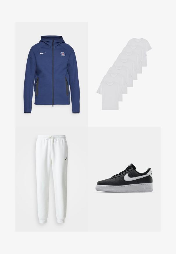 Marineblå hættetrøje lavet af blødt stof, der har fuld lynlås, sidelommer og et logo-patch. Den har et struktureret design med hætte.; Hvide bomulds T-shirts, korte ærmer, rund halsdesign, ensartet tekstur, stablet i en række, med diskret branding ved halsåbningen.; Hvide sweatpants lavet af en blød bomuldsblanding, med en elastisk talje med snor og et lille sort logo på venstre lår.; Sort lædersneaker med tekstureret overflade, hvid Nike swoosh, grå sål, rund tå og snørebåndsdesign. Har perforeringer på tåboksen.