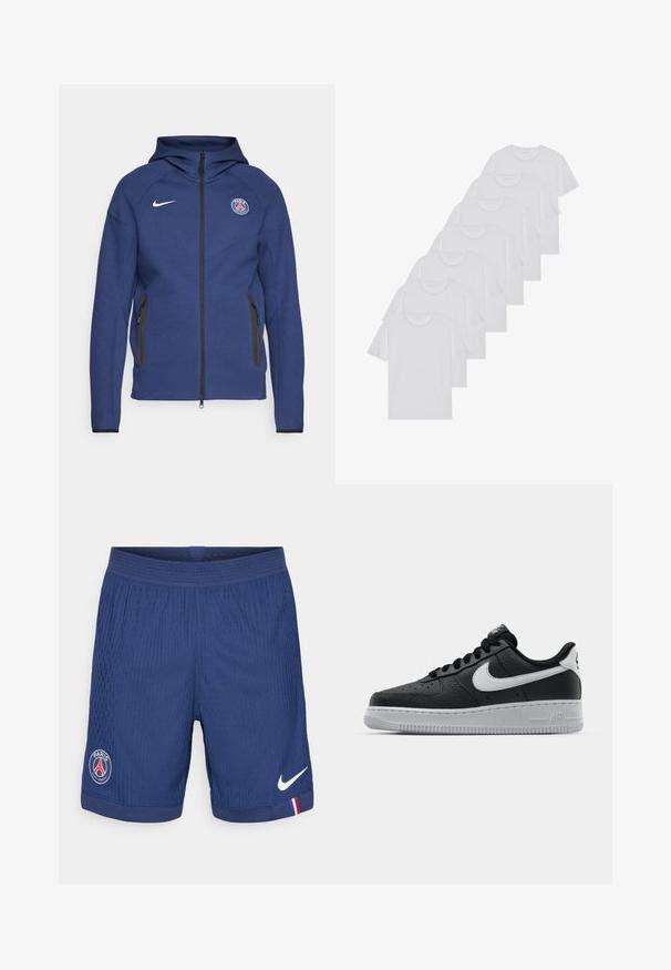 Sötétkék kapucnis pulóver puha anyagból, teljes cipzárral, oldalsó zsebekkel és logós folttal. Szerkezete formálisan kialakított, kapucnival rendelkezik.; Fehér pamut pólók, rövid ujjúak, kerek nyak kialakítással, sima textúrával, sorba rakva, diszkrét logóval a nyaknál.; Sötétkék sportnadrág, texturált anyagból, Nike logóval, Párizs emblémával és piros-kék-fehér díszítéssel az alján.; Fekete bőr edzőcipő mintás felülettel, fehér Nike logóval, szürke talppal, kerek orral és fűzős dizájnnal. Az orr részen perforációk találhatóak.