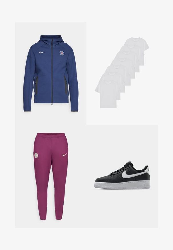 Granatowa bluza z kapturem uszyta z miękkiego materiału, z pełnym zamkiem błyskawicznym, bocznymi kieszeniami oraz naszywką z logo. Posiada strukturalny fason i kaptur.; Białe bawełniane koszulki, krótki rękaw, design z okrągłym dekoltem, gładka faktura, ułożone w rzędzie, z subtelnym logo przy dekolcie.; Fioletowe spodnie sportowe o dopasowanym kroju, z elastycznym paskiem w talii i bocznymi paskami. Zawierają logo PSG oraz biały znak Nike.; Czarne skórzane trampki o teksturowanej powierzchni, białe logo Nike, szara podeszwa, okrągły czubek i sznurowany design. Posiada perforacje na nosku.