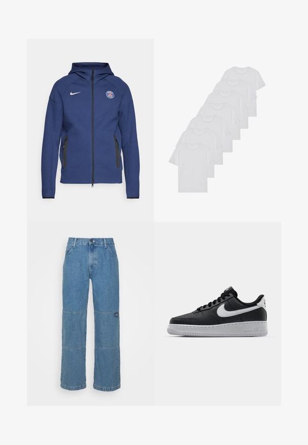 Tamsiai mėlyna džemperis su užtrauktuku, pagamintas iš minkštos medžiagos, su šoniniais kišeniais ir logotipo žyme. Jis turi struktūruotą dizainą su gobtuvu.; Baltos medvilninės marškinėliai, trumpomis rankovėmis, apvaliu kaklu, lygia tekstūra, sušluoti į eilę, su subtiliu prekės ženklu ant kaklo.; Šviesiai mėlynos džinsinės kelnės su laisva pritaikymu, turinčios pačių siuvinėjimo skydus, viršutinį mygtuko uždarymą, penkių kišenių dizainą ir subtilų prekės ženklą ant kojos.; Juoda odinė sportinė avalynė su tekstūruota danga, balta Nike swoosh, pilkas padas, apvalus nosis ir raištelių užsegimas. Yra perforacijos ant nosies.