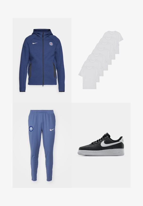 Marinblå hoodie gjord av mjukt tyg med en hel dragkedja, sidofickor och en logotyp patch. Den har en strukturerad design med en huva.; Vita bomull T-shirts, korta ärmar, rundad halsdesign, slät textur, staplade i en rad, med subtil branding vid halsringningen.; Nike Performance INTER NIKE DF STRIKE PANTS - Träningsbyxor - diffused blue/lyon blue/sanddrift; Svart lädersneaker med strukturerad yta, vit Nike-swoosh, grå sula, rund tå och snörningsdesign. Har perforeringar på tåboxen.